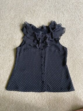 Ann Taylor Black Polka Dot Ruffle Neck Sleeveless Blouse